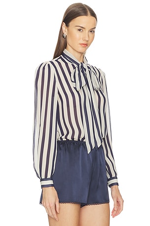 self-portrait Navy Stripe Tie Neck Blouse in Navy