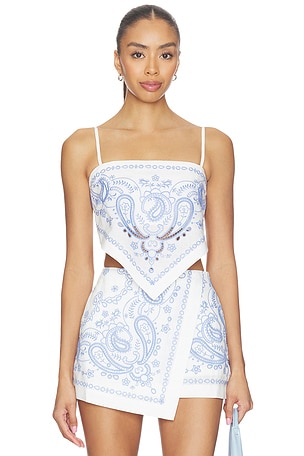 White And Blue Embroidered Linen Top self-portrait