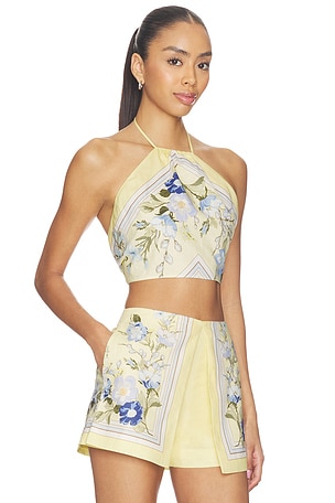 self-portrait Yellow Floral Linen Top in Lemon