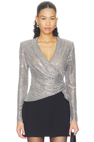 Grey Rhinestone Mesh Wrap Top self-portrait