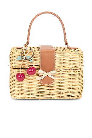self-portrait Rattan Cherry Charm Mini Basket Bag in Neutral,Tan
