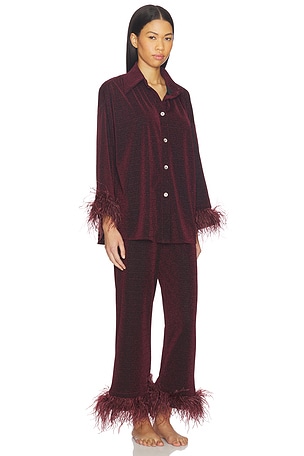 Sleeper Cosmos Oversized Lurex Pajamas Set With Detachable Feathers in Wine. Size XS. Also