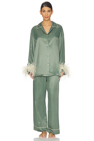 Sleeper Miss Cat Belted Set With Detachable Feathers in Sage