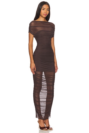 SEROYA Noel Off Shoulder Mesh Midi Dress in Chocolate