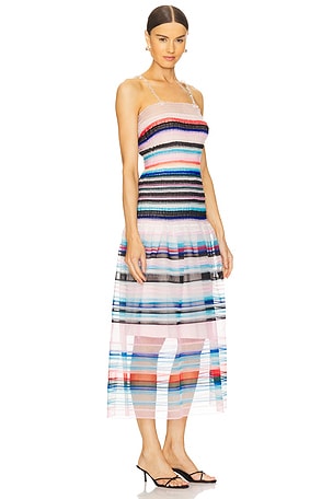 Susan Fang Beaded Strap Striped Smocked Dress in Blush