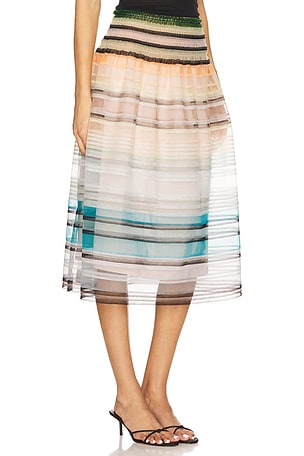 Susan Fang Striped Smocked Maxi Skirt in Peach,Blue