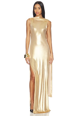 Sid Neigum Floor Length Reversible Cowl Dress in Metallic Gold