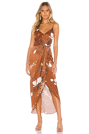 Shona Joy St Lucia Tie Front Draped Midi Dress in Tan Multi | REVOLVE