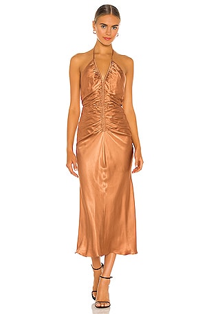 Shona Joy Gala Halter Ruched Midi Dress in Copper | REVOLVE
