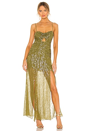 Shona Joy Laura Ruched Maxi Dress in Olive & Gold | REVOLVE