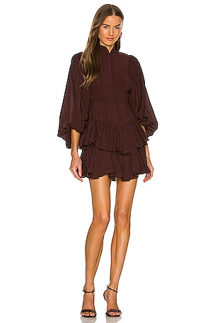 Shona Joy Mila Balloon Sleeve Frill Mini Dress in Cocoa | REVOLVE