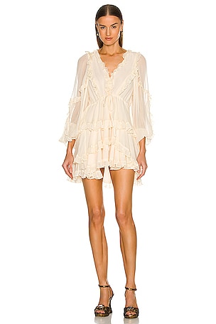 Shona Joy Iris Balloon Sleeve Frill Mini Dress in Cream | REVOLVE
