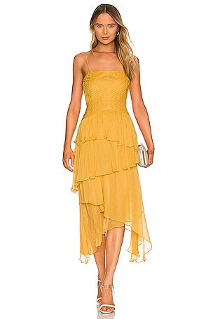 Shona Joy Iris Pin Tuck Frill Midi Dress in Saffron | REVOLVE