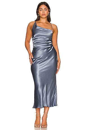 Shona Joy La Lune Asymmetrical Bias Cowl Midi Dress in Slate