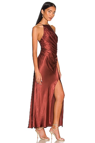 Shona Joy Thalia Gathered Square Neck Bias Midi Dress in Burgundy