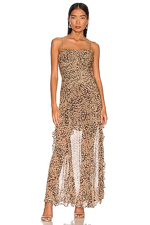Shona Joy Valeria Ruched Frill Maxi dress in Sangria & Latte | REVOLVE Shona Joy Valeria Ruched Frill Maxi dress in Sangria & Latte | REVOLVE
