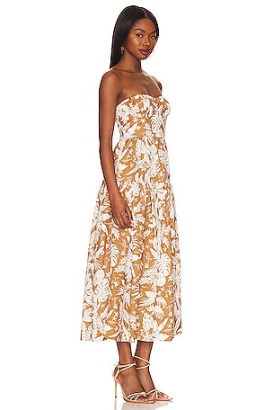 Shona Joy Kiana Strapless Ruched Midi Dress in Beige