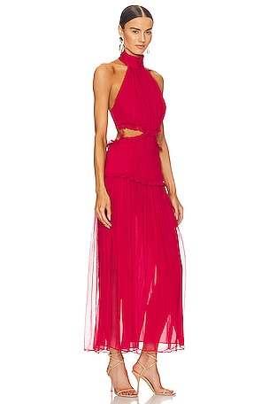 Shona Joy Marquis High Neck Cut Out Midi Dress in Red