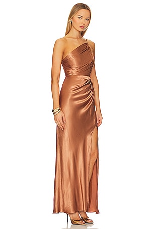 Shona Joy La Lune Asymmetrical Gathered Maxi Dress in Brown