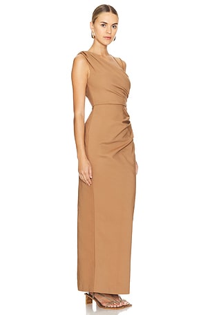 Shona Joy Lani Asymmetrical Gathered Maxi Dress in Brown