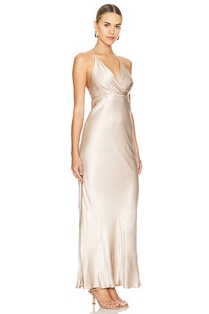 Shona Joy La Lune Plunged Open Back Halter Maxi Dress in Metallic Gold