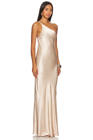 Shona Joy La Lune One Shoulder Cowl Back Maxi Dress in Tan