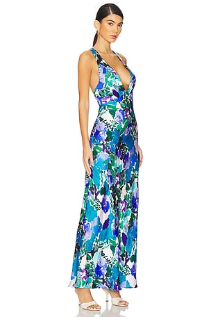 Shona Joy Curlewis Plunged Cross Back Maxi Dress in Blue