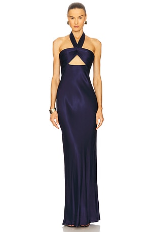 VESTIDO LARGO FRUNCIDO CON CUELLO HALTER LA LUNE Shona Joy