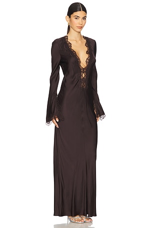 Shona Joy Allegra Lace Plunged Maxi Dress in Chocolate