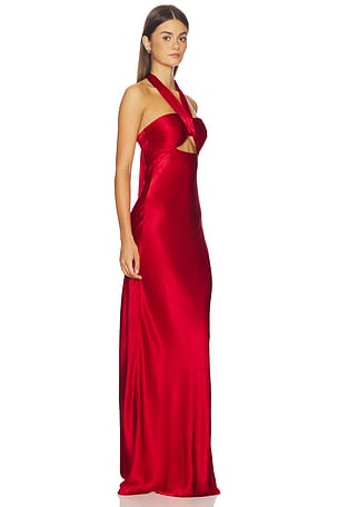 Shona Joy Tatum Ruched Halter Maxi Dress in Red