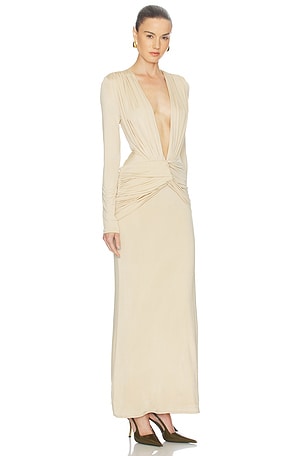 Shona Joy Miro Long Sleeve Plunged Maxi Dress in Nude