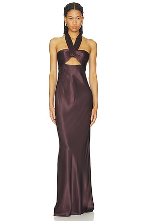 Shona Joy La Lune Ruched Halter Maxi Dress in Brown