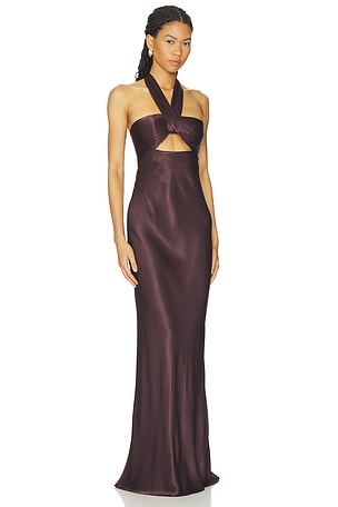 Shona Joy La Lune Ruched Halter Maxi Dress in Brown