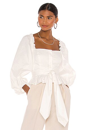 Shona Joy Caterina Cropped Balloon Sleeve Blouse in White | REVOLVE