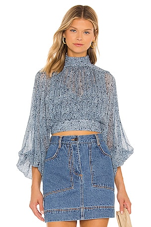 Shona Joy Harmony High Neck Balloon Sleeve Blouse in Blue Smoke/Multi |  REVOLVE