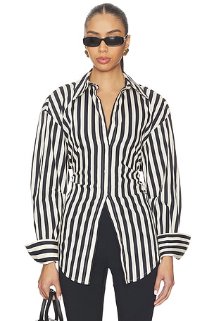 SIMONMILLER Loch Striped Poplin Button Up in Black