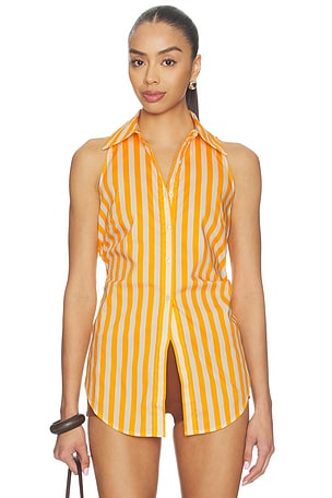 SIMONMILLER Loch Sleeveless Poplin Button Up in Mustard,White