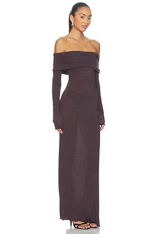 SKIMS Sheer Modal Off Shoulder Long Dress in Chocolate
