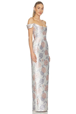 SAU LEE Jackson Brocade Gown in Peach