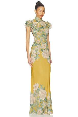 SAU LEE Stella Chiffon Dress in Sage,Mustard. Size 00. Also