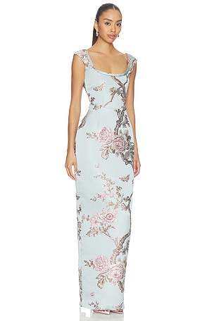 SAU LEE Brooke Brocade Gown in Slate