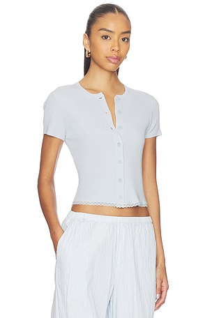 SABLYN Adelaide Slim Short Sleeve Cardigan With Lace in Baby Blue