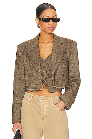 L'AGENCE Brooke Double Breasted Cropped Tweed Blazer