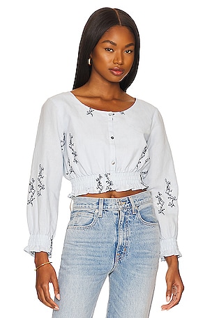 Cropped Embroidered Long Sleeve Top Something Navy