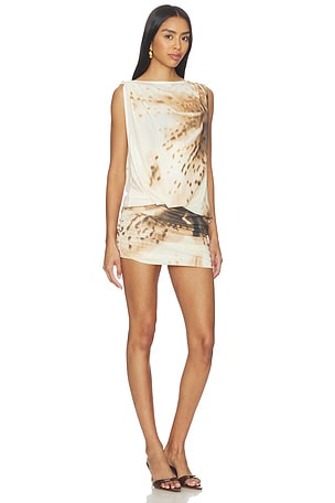SOVERE Odette Drape Mini Dress in Brown,Cream