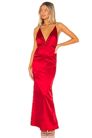 red bias cut dress Red Satin Jacquard One-Shoulder Maxi Bias Cut Dress S