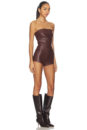 superdown Kayla Faux Leather Short Set in Brown