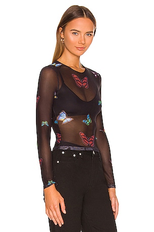 superdown Ari Butterfly Mesh Top in Black