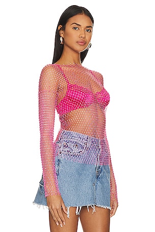 superdown Karolie Sheer Rhinestone Top in Pink