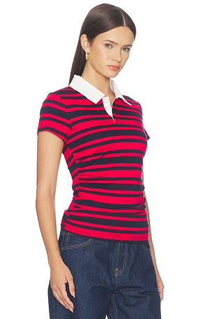 superdown Cleo Ruched Polo Tee in Red Stripe. Size L. Also